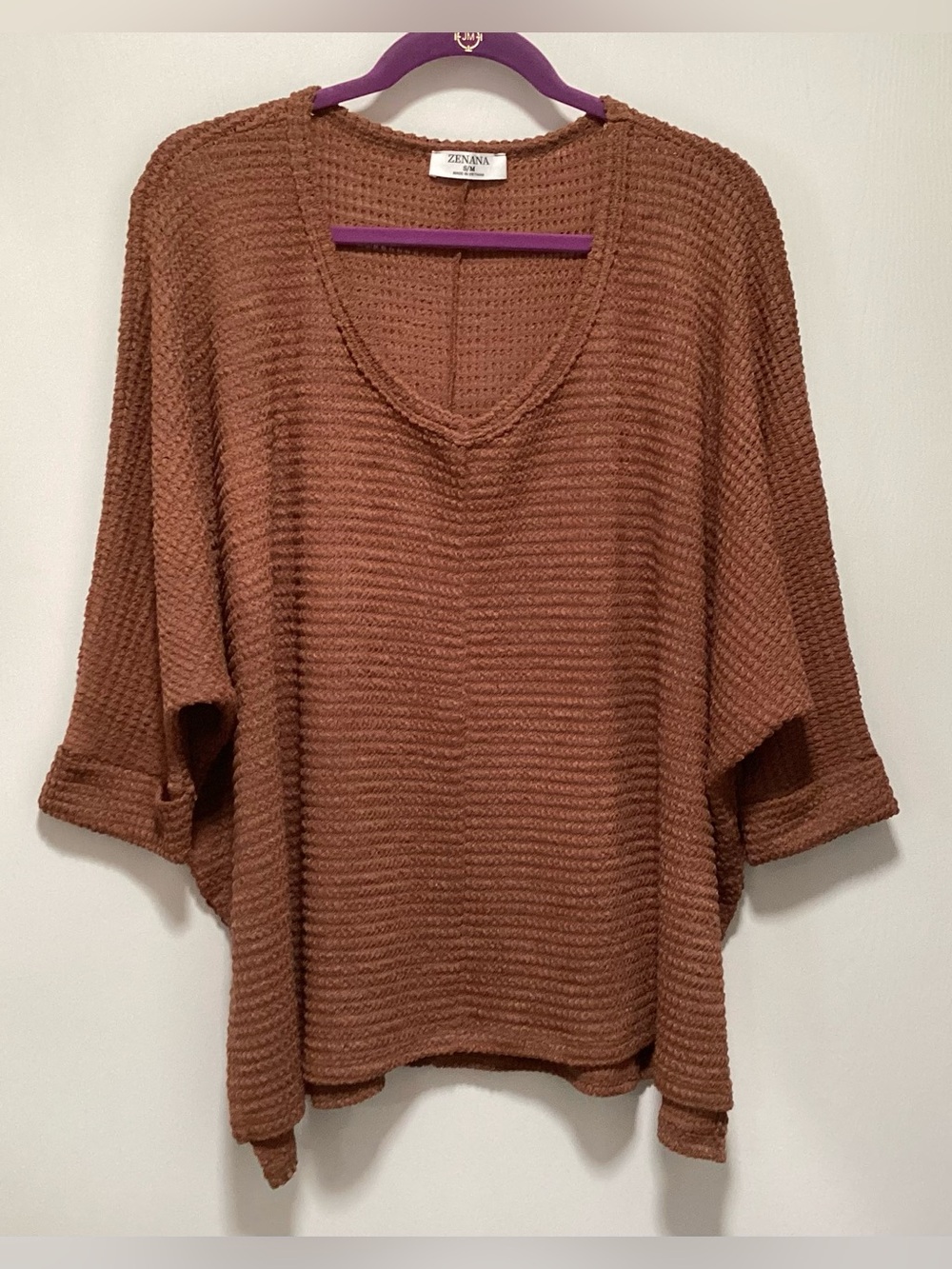 Zenana Outfitters Oversized Waffle Knit V-Neck Top in Rust